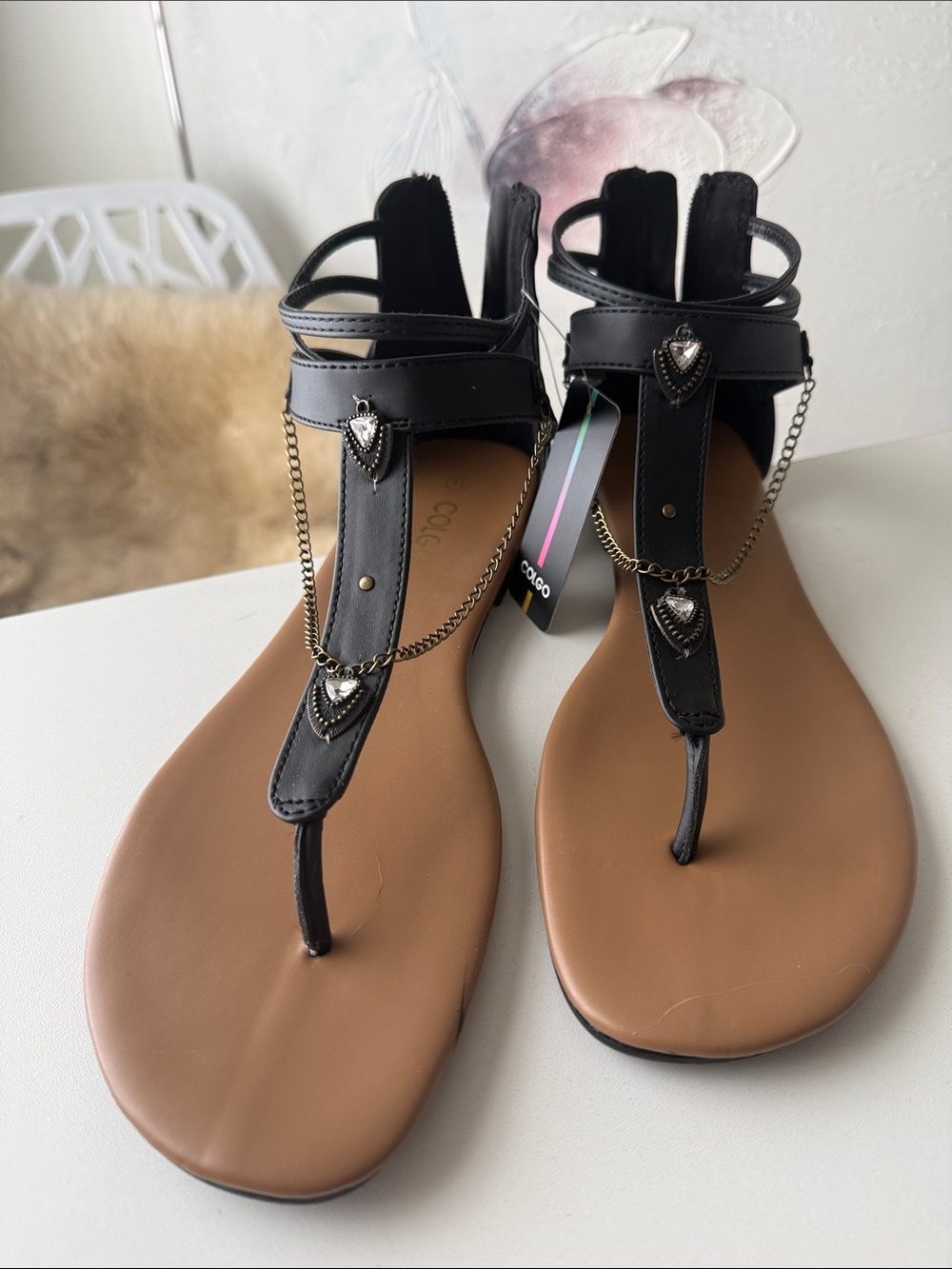 Black T-Strap Gladiator Sandals with Chain